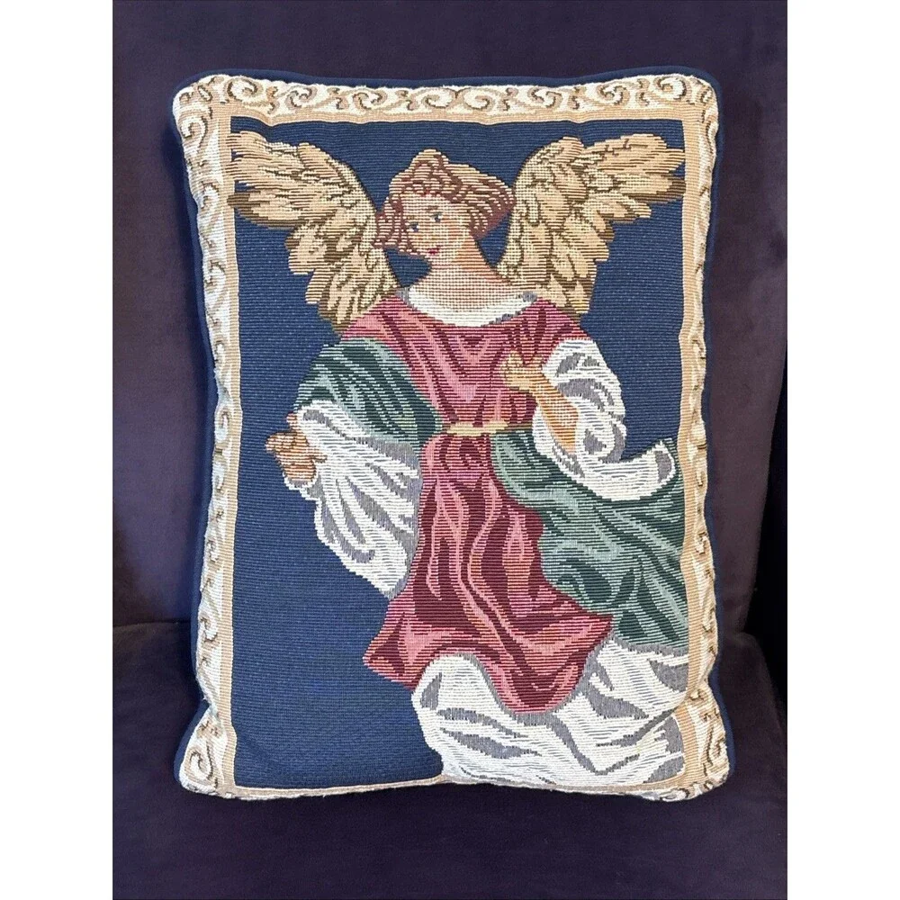 Tapestry Victorian Angel Christmas Holiday Decor Throw Pillow Rectangle 16 x 12